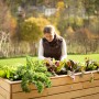 Westmann Hochbeet Fichte XL mit Frau beim Bepflanzen im Garten.