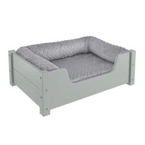Gemütliches, graues Tierbett (60x40 cm) aus Kiefernholz mit Rollrost, Polster und Matratze für Hunde und Katzen.