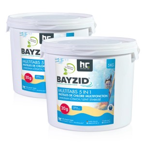 Zwei Eimer Bayzid Multitabs 20g 5in1 für Pools, je 5kg, zur Poolpflege.