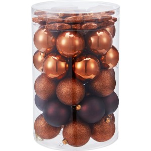 Baumschmuck-Set, 50-teilig, braun: Kugeln und Sterne in matt, glänzend und glitzernd in Kunststofftrommel.