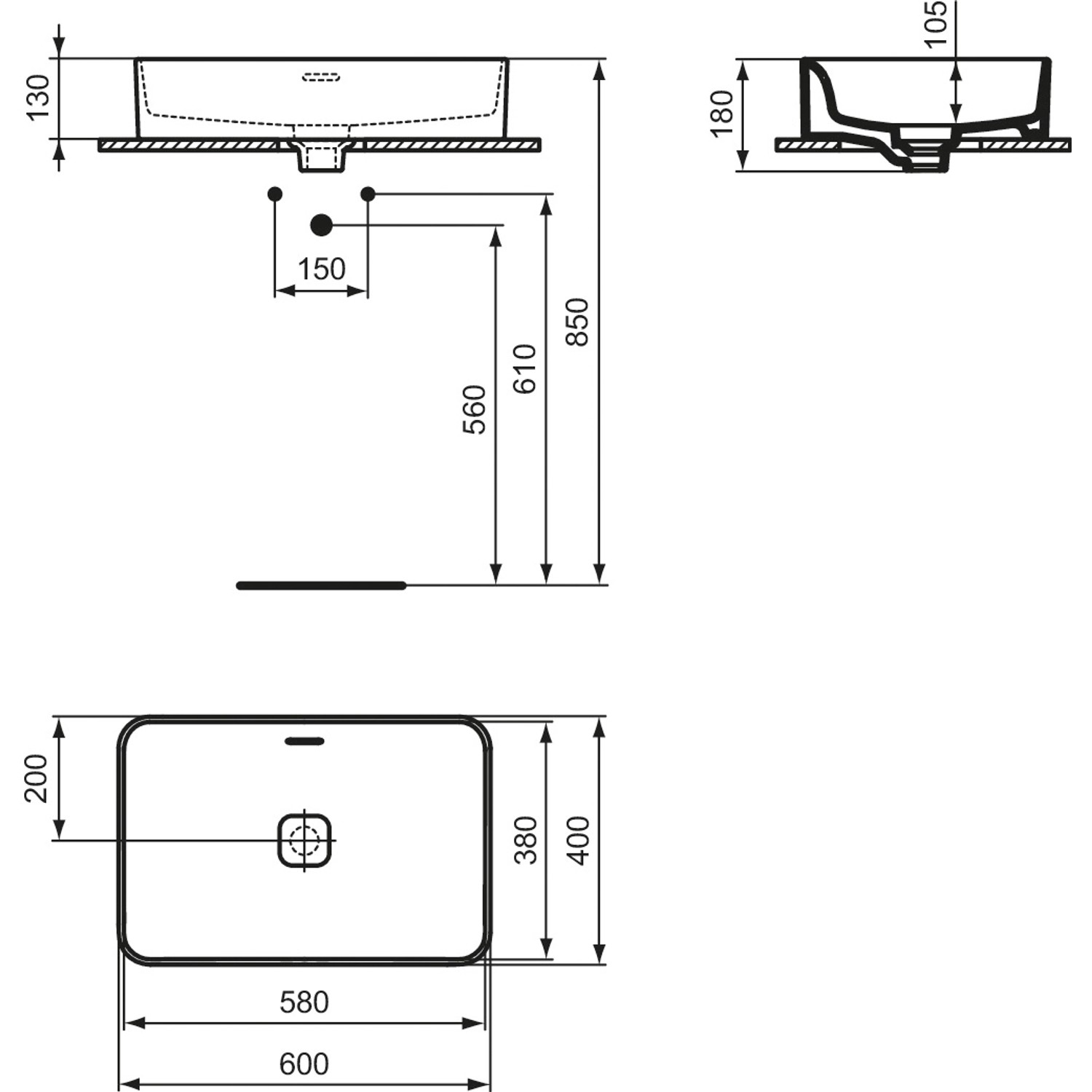 Technische Zeichnung: Ideal Standard Strada II Aufsatzwaschtisch, 60x40 cm, ohne Hahnloch, mit Überlauf.