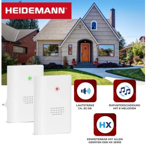 Heidemann Funkgong-Set HX Twin: Zwei weiße kabellose Empfänger vor einem Haus. 82 dB Lautstärke, 8 Melodien, erweiterbar.