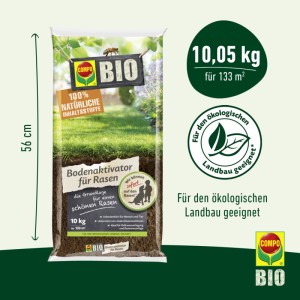 Compo Bio Bodenaktivator 10 kg für Rasen. Brauner Granulat-Sack, 56 cm hoch, für ökologischen Landbau geeignet.