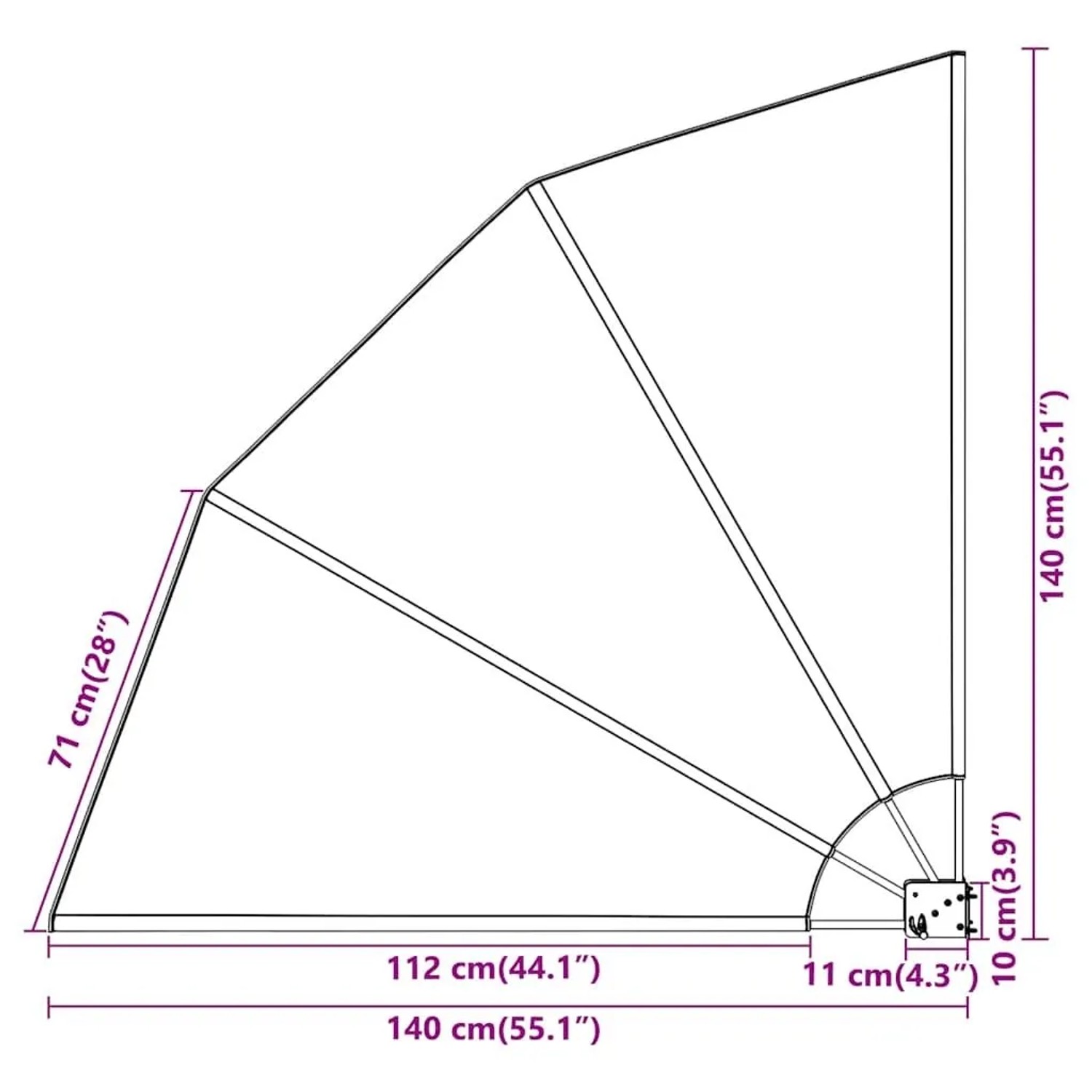 vidaXL faltbarer Balkonfächer Grau 140x140 cm: Skizze mit genauen Maßen und der Fächerform.