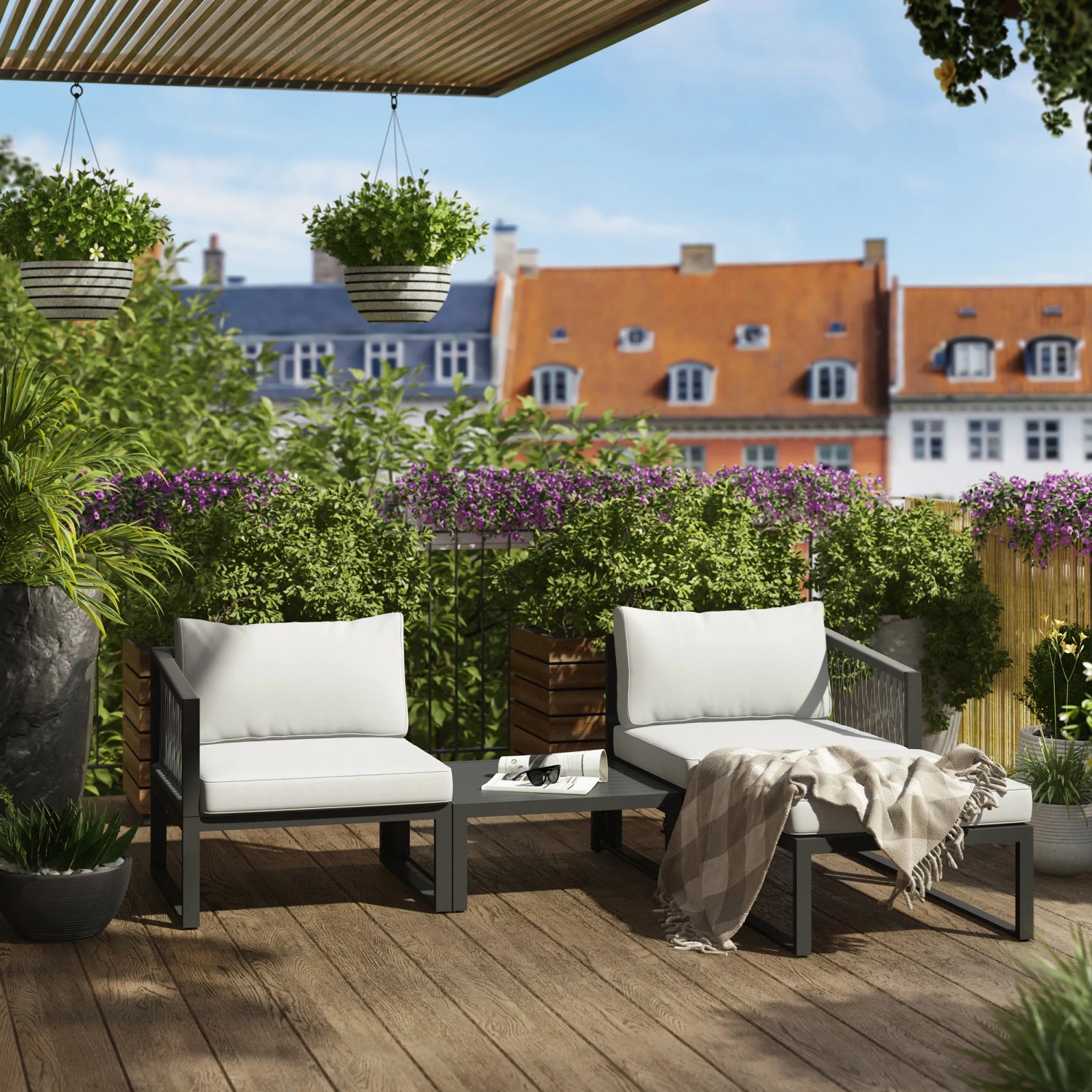 4-teiliges Lounge-Set Willa aus Aluminium in Anthrazit mit grauen Auflagen für Garten oder Terrasse.