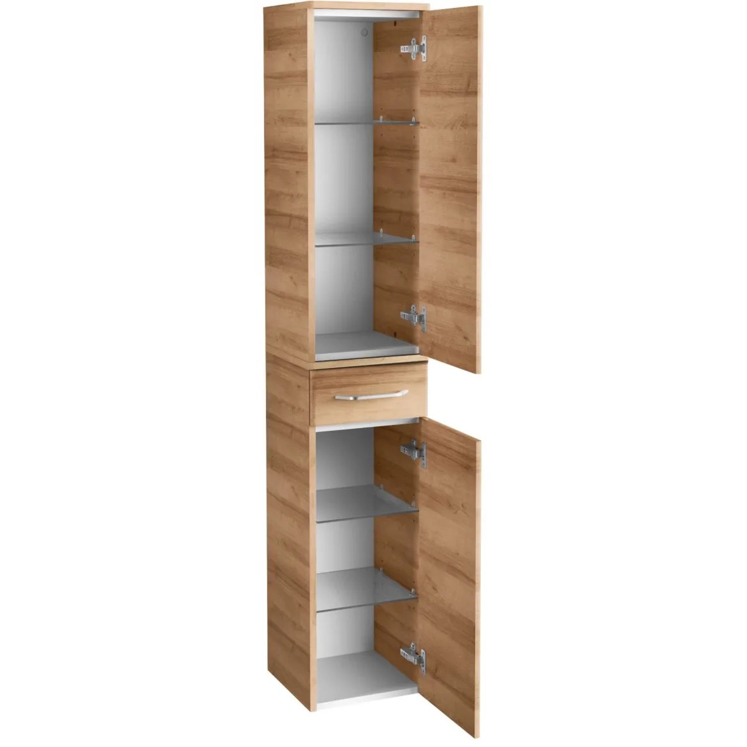 Fackelmann Bad-Hochschrank Milano Asteiche, schmaler Schrank mit Schublade und offenen Türen.