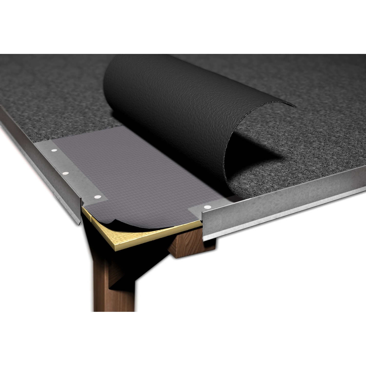 Alufarbenes Ortblech ohne Wasserfalz (250x2000mm) am Dachrand mit Abdichtung.