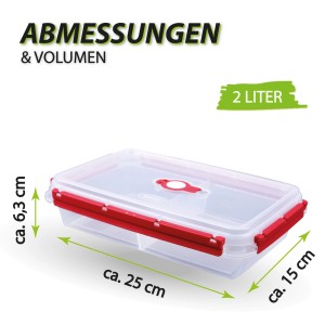 Bestlivings Frischhaltebox 2 Liter mit rotem Deckel und Trenner, Maße eingeblendet.