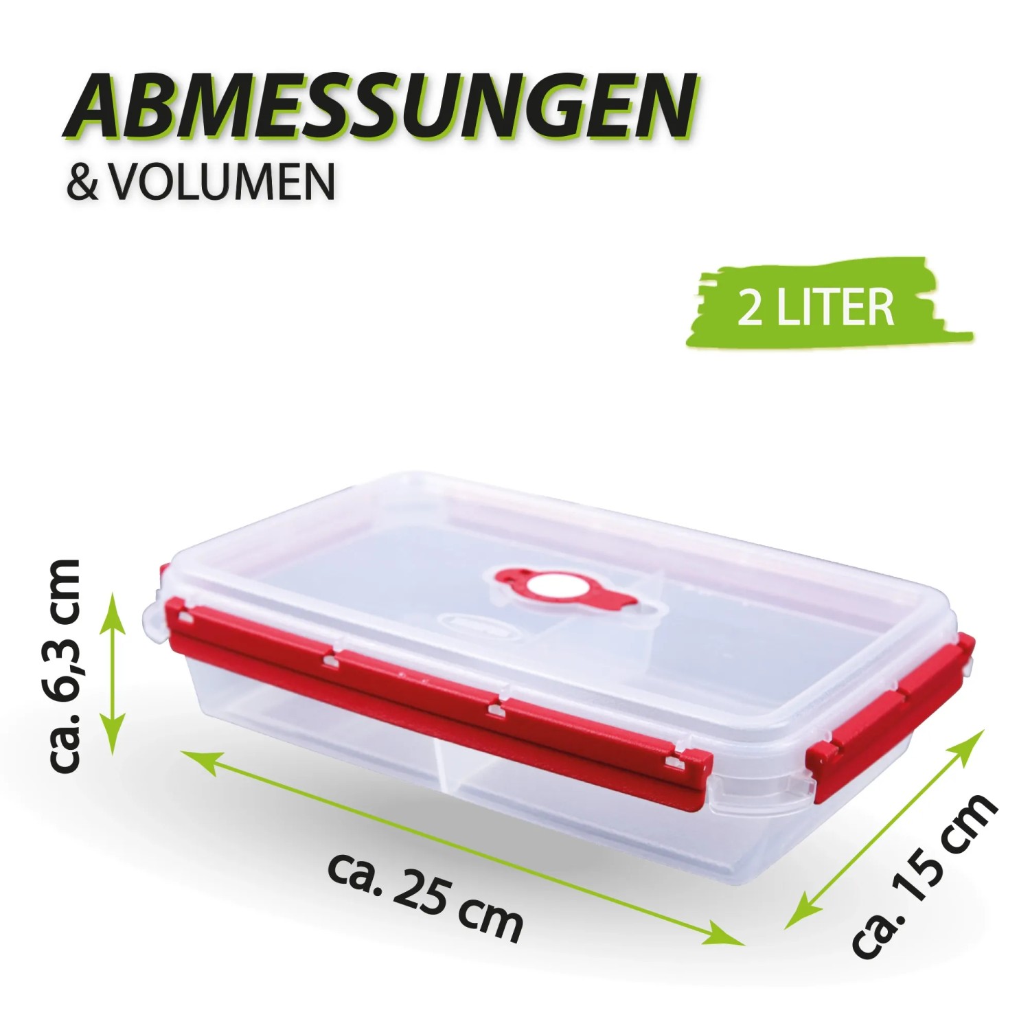 Bestlivings Frischhaltebox 2 Liter mit rotem Deckel und Trenner, Maße eingeblendet.