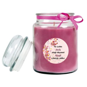 Lila Duftkerze im Glas mit Karneval-Motiv und Schleife, Brenndauer 110h.