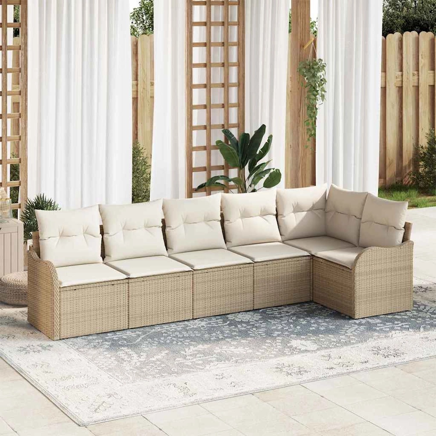 Beiges 6-tlg. vidaXL Garten-Sofa-Set aus Poly Rattan mit Kissen für Terrasse und Garten.