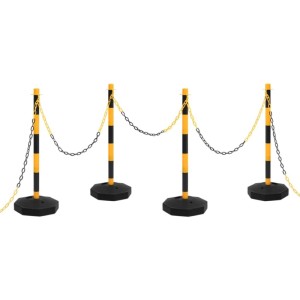 DELUKE Kettenpfosten Set, 4 gelb-schwarze Pfosten mit 10m Kunststoffkette zum Absperren.