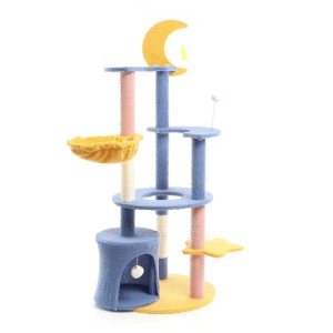 Fudajo Kratzbaum Mond Sterne, 132 cm, blau-gelb mit Plüsch, Sisalstämmen, Katzenhöhle, Hängematte & Spielbällen.
