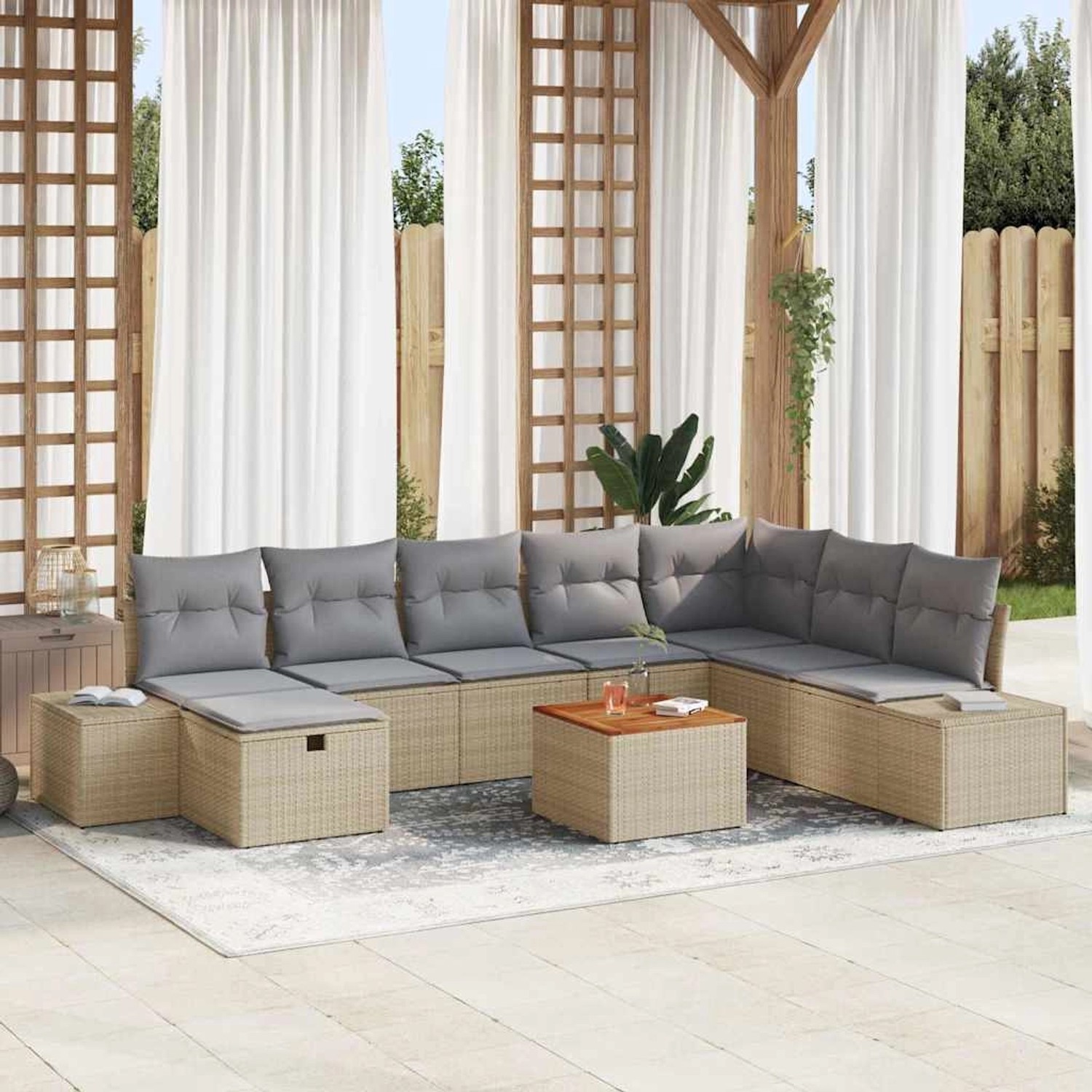 Beiges 9-teiliges vidaXL Garten-Sofa-Set aus Rattan mit Kissen und Stauraum.