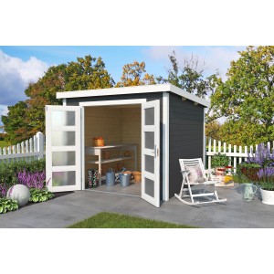 Carbongraues Lasita Holz-Gartenhaus Zambezi mit Doppeltür und Gartenzubehör.