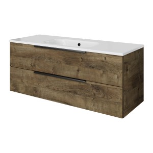 Pelipal Badmöbel-Set Quantum mit Eiche Ribbeck Dekor und weißem Waschtisch.