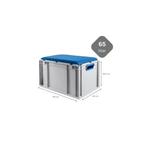 Graue Eurobox NextGen Sitzbox mit blauem Sitzkissen, 65 Liter, Griffe und Maßangaben.