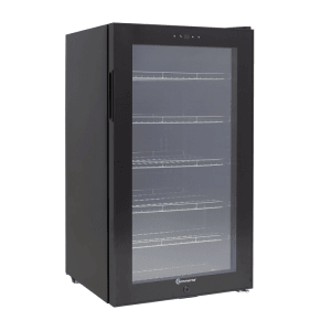 Schwarzer Sommertal Kühlschrank GK 100 mit Glastür und Edelstahlböden.
