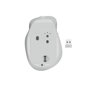 Unterseite der weißen Hama Funkmaus WM-500 mit USB-Empfänger. Ergonomische Computermaus für Zubehör.