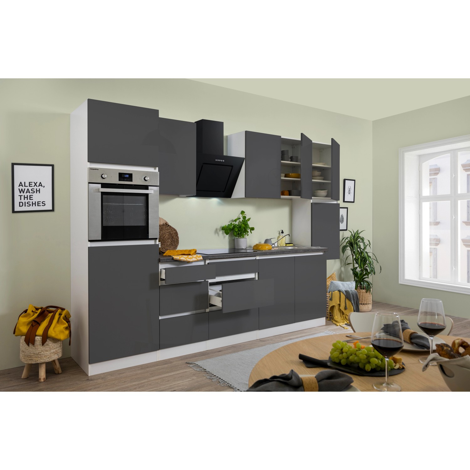 Respekta Küchenzeile/Küchenblock GLRP320HWG Grifflos 320 cm Grau Hochglanz-Weiß