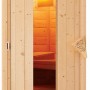 Karibu Sauna Tjorven mit Glastür und LED-Dachkranz, Detailansicht der Holztür.