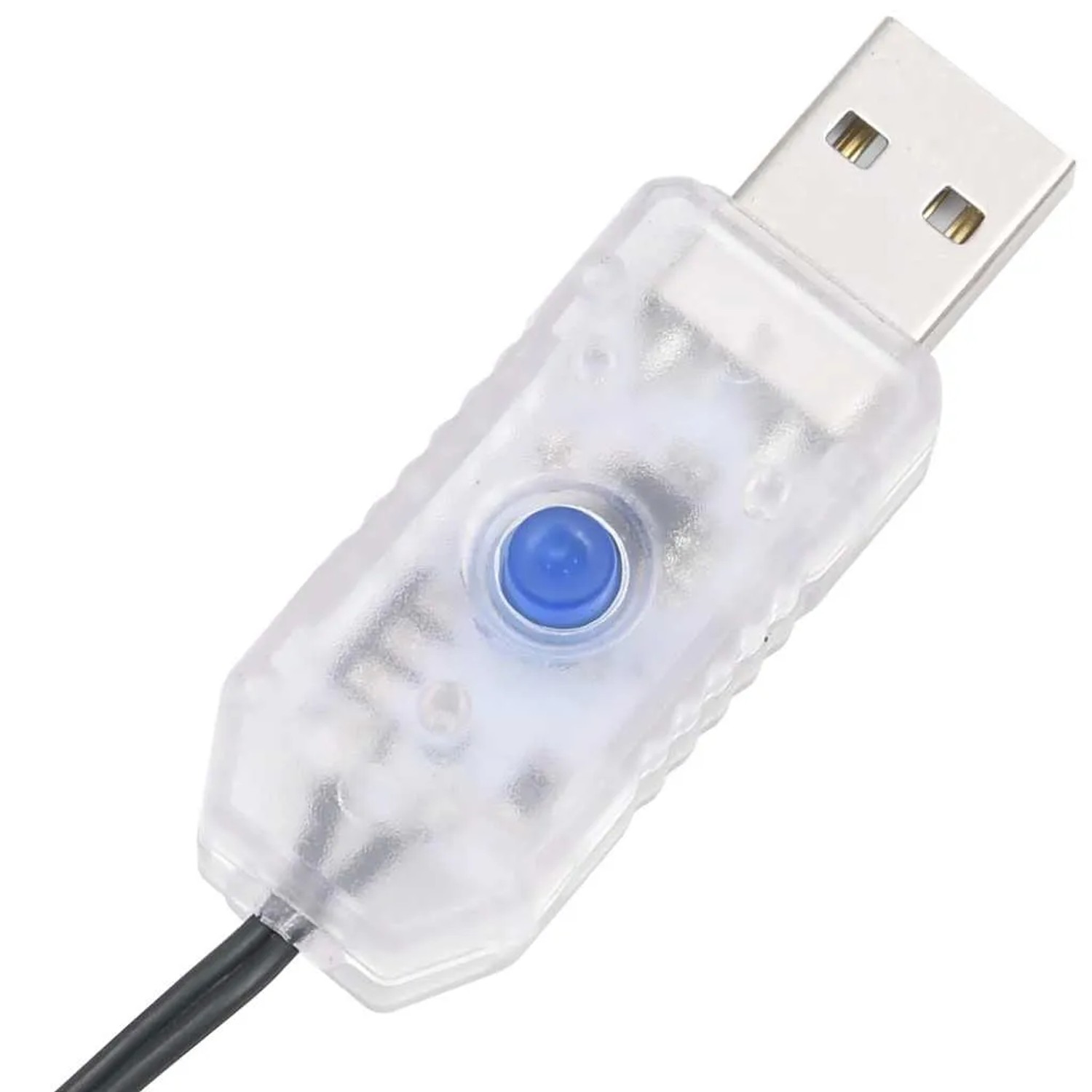 USB-Stecker mit transparentem Gehäuse und blauem Knopf für vidaXL Außen-Lichterkette. Steuert 8 Lichteffekte.