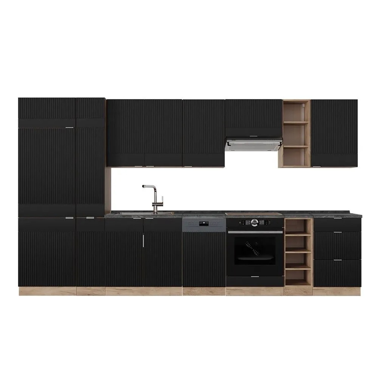Vicco Fame-Line Küchenzeile Schwarz Gestreift Goldkraft Eiche 355 cm AP Anthrazit ohne E-Geräte