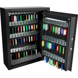 Perel Schlüsseltresor mit Zahlenschloss, offen, für 71 Schlüssel mit farbigen Anhängern.