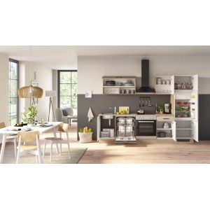 Moderne Flex-Well Küchenzeile Creso 280 cm in Cashmere matt und Provence Oak. Offene Küche mit Spülmaschine, Ofen und Kühlschrank.