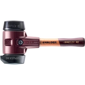 Halder Simplex Schonhammer Ø 80 mm mit Gummieinsätzen, Standfuß und kurzem Holzstiel. Rotes Tempergussgehäuse.
