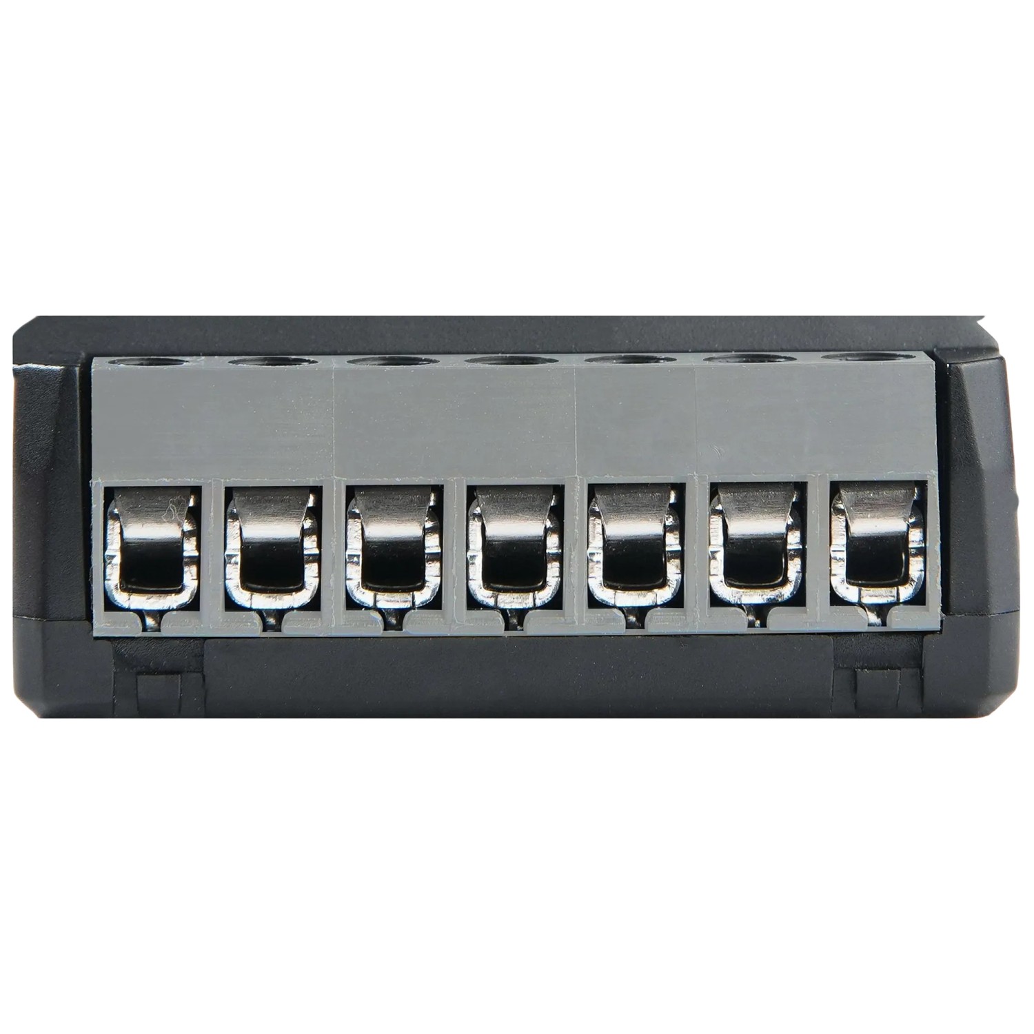 Detailaufnahme des schwarzen Shelly 2PM Gen4 Relais für Jalousien und Hausautomation.