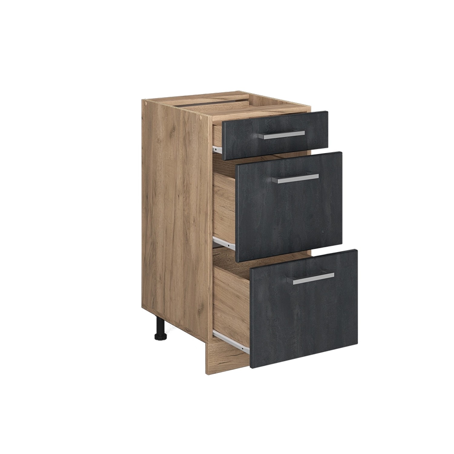 Vicco Küchenunterschrank R-Line mit 3 Schubladen, Schwarz Beton/Eiche Optik, 40 cm breit.