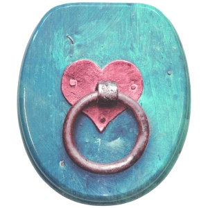 Sanilo WC-Sitz Knocker aus Holz mit Absenkautomatik, blau mit Herz und Ring.