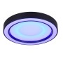 Moderne, mattschwarze LED Deckenleuchte Arco mit bläulichem Lichteffekt.