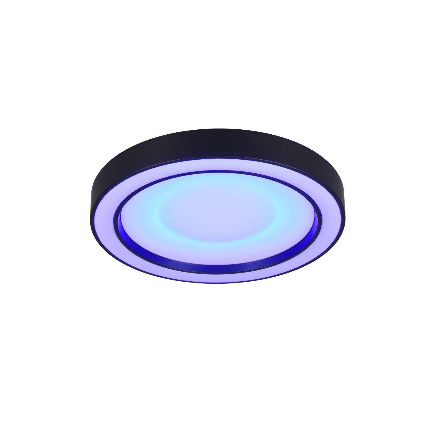 Moderne, mattschwarze LED Deckenleuchte Arco mit bläulichem Lichteffekt.