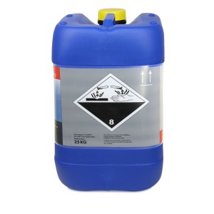 Kanister mit Bayzid Chlor 13% Flüssig, 2 x 25kg für Pool Desinfektion. Blauer Behälter mit Gefahrensymbol.