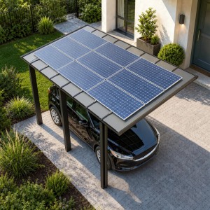 Schwarzes Ximax Linea Solarcarport mit blauen Solarmodulen schützt ein Auto. Modernes Carport Design.