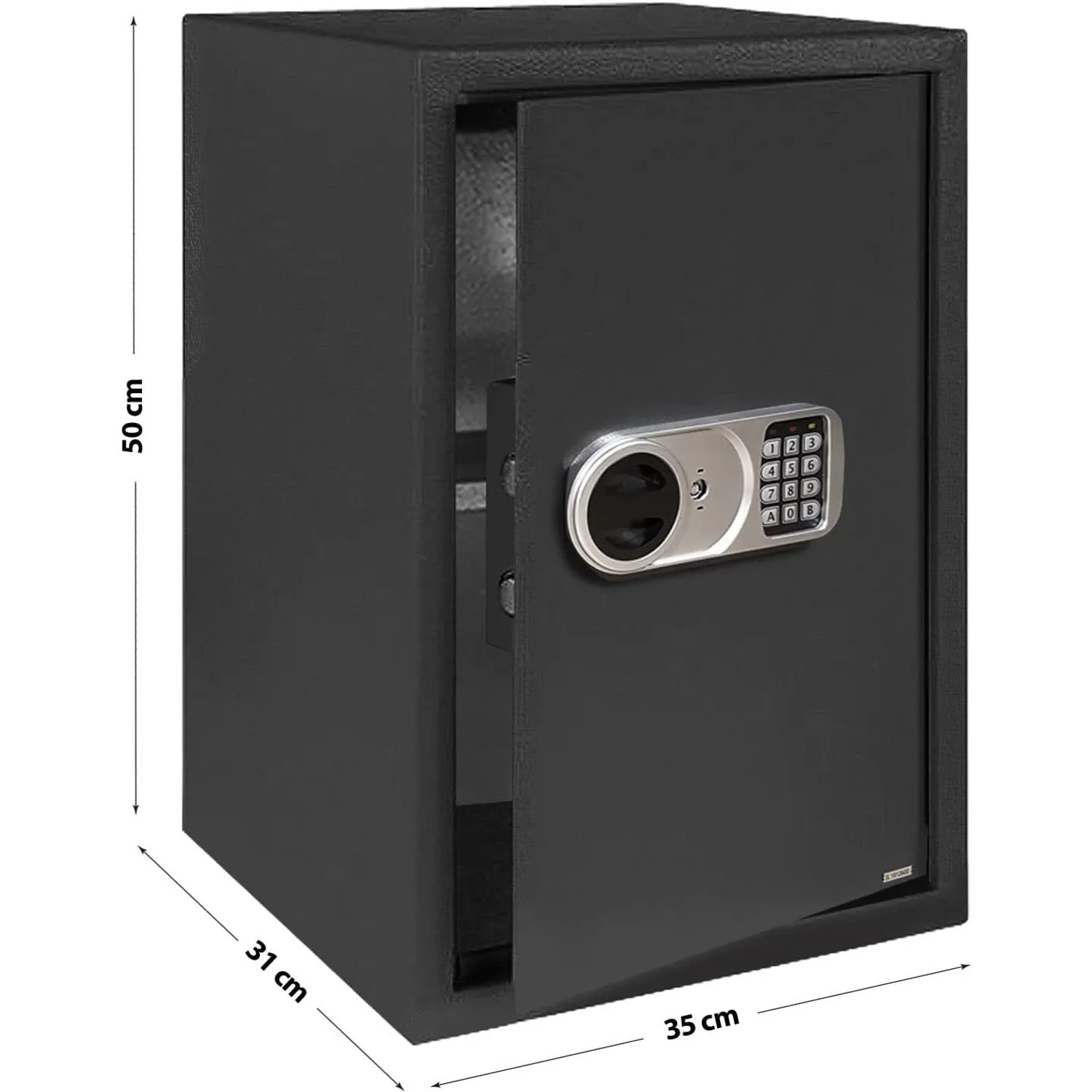 KARAT Tresor Safemaxx mit elektronischem Schloss, anthrazit, 50x35x31 cm, Tür geöffnet.