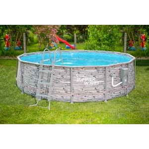 Summer Waves Aufstellpool Elite Frame in Steinoptik, grau, mit Leiter und Filterpumpe.