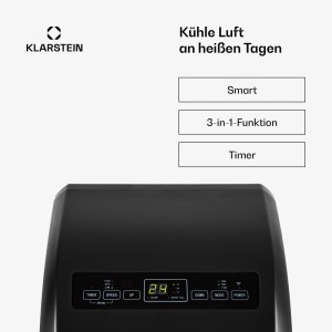 Schwarze Klarstein Metrobreeze Rom Smart Klimaanlage mit digitalem Display und Bedienfeld.