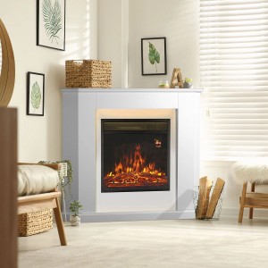 Weißer Juskys Elektrokamin in Dreiecksform mit Flammeneffekt und Heizung im Wohnraum.