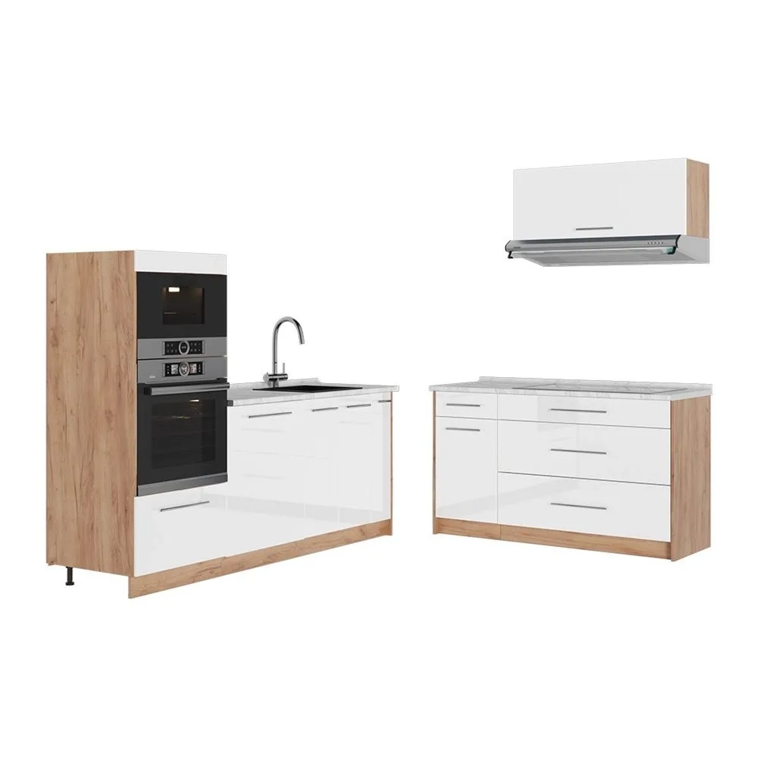 Vicco Küchenzeile Fame-Line Weiß Hochglanz/Goldkraft Eiche 340 x 154 AP Marmor Art Nr 63911
