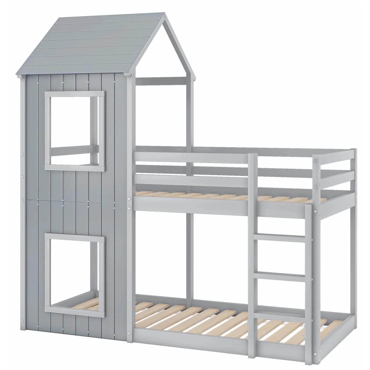 KOMHTOM Etagenbett 90x200Cm  Kinderbett  Kabinenbett Mit Leiter Und Baldachin  Bodentief  Massivholz  Grau