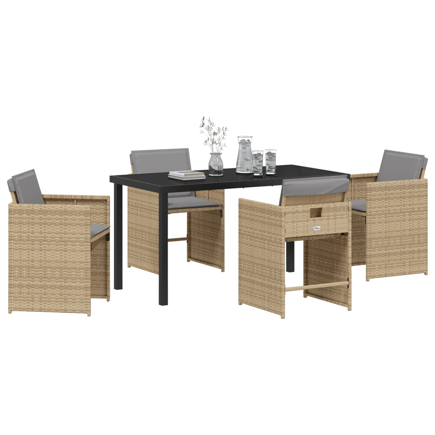 5-teiliges Garten-Ess-Set mit beigen Poly Rattan Stühlen und Tisch mit grauen Kissen.