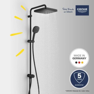 Schwarzes Grohe Vitalio Comfort 250 Flex Duschsystem mit Kopf- und Handbrause.