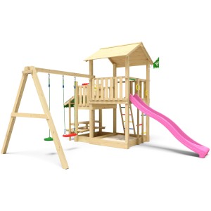Jungle Gym Spielturm Skyline mit Doppelschaukel, Rutsche Fuchsia und Picknick Modul aus Holz.