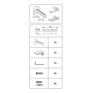 Gardinia Wandträger für Flächenvorhangschiene, silberfarben, mit Montageübersicht und Zubehör.