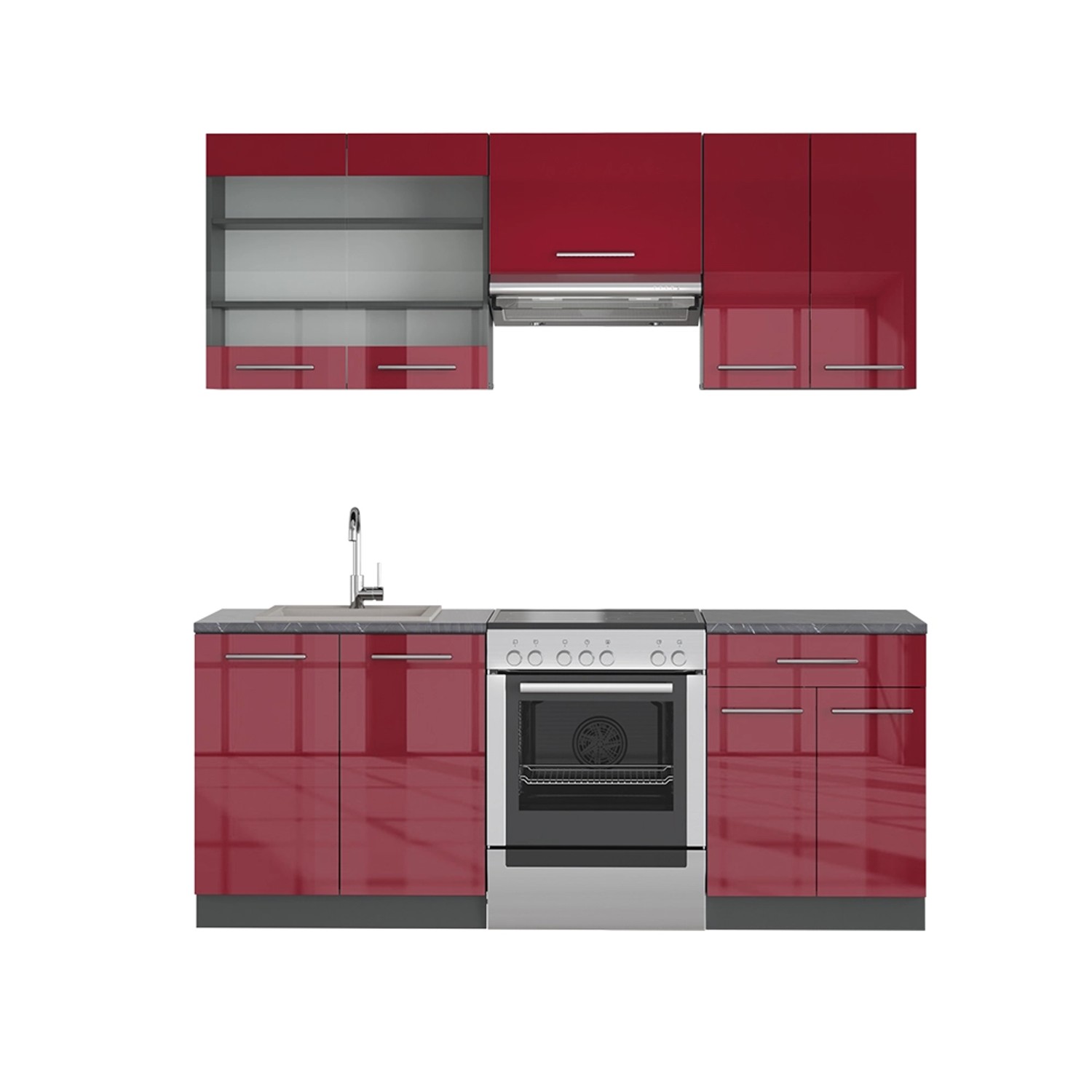Vicco Fame-Line Küchenzeile Bordeaux Hochglanz/Anthrazit 200 cm ohne Arbeit günstig online kaufen