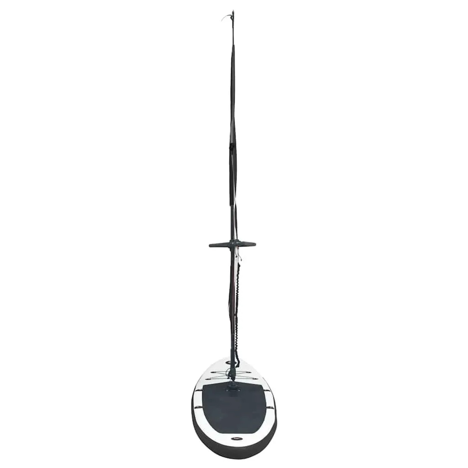 Aufblasbares SUP-Board mit Segel Set in Schwarz-Weiß. Komplettes Stand-up-Paddleboard für Wassersport und Windsurfen.