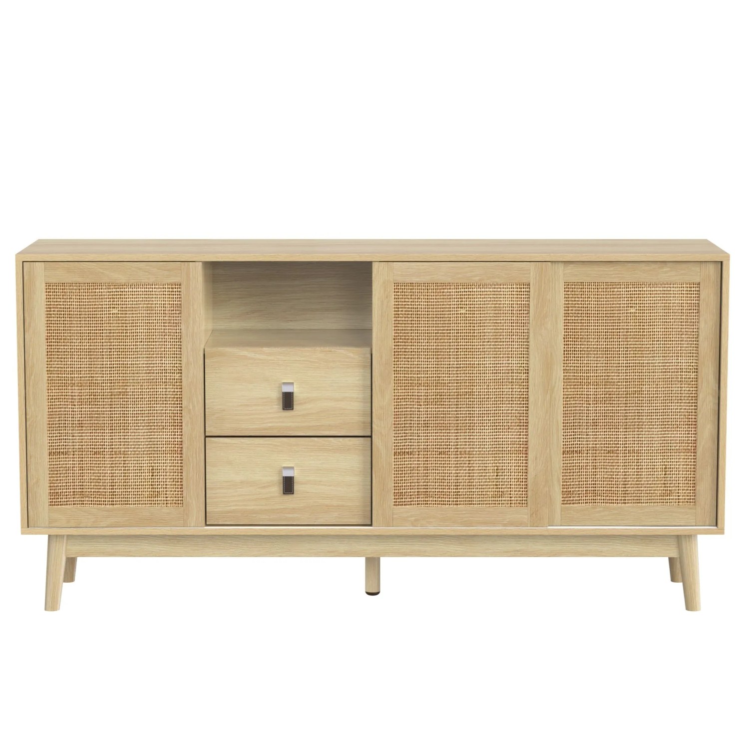 Sideboard 155x38x80 cm mit Echtem Rattan 3 Schiebetüren 2 Schubladen und Massivholzfüßen
